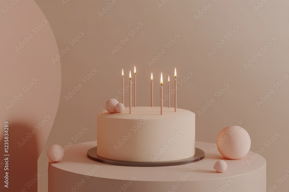 Elegant Birthday Cake with Lit Candles and Soft Decorative Elements on a Minimalist Background Elegant Birthday Cake with Lit Candles and Soft Decorative Elements on a Minimalist Background