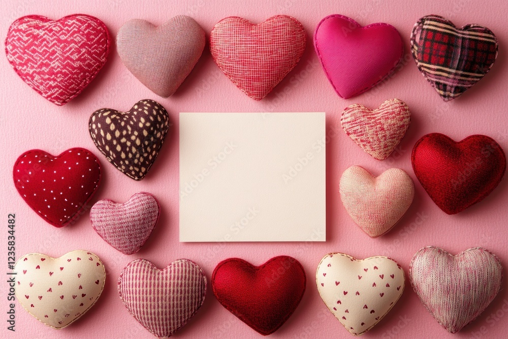 Fototapeta premium Colorful Fabric Hearts Surrounding Blank Square for Creative Valentine's Day Design