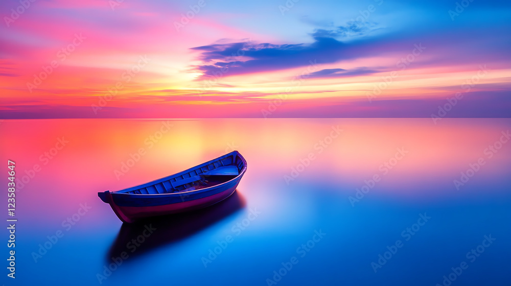 A tranquil scene featuring a single boat on calm waters during a vibrant sunset, showcasing stunning colors of nature. A tranquil scene featuring a single boat on calm waters during a vibrant sunset, showcasing stunning colors of nature.