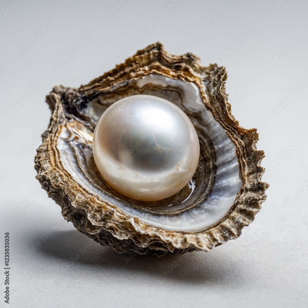 A highly detailed pearl shimmering inside a naturally textured oyster shell, set upon an elegant, pure white background. A highly detailed pearl shimmering inside a naturally textured oyster shell, set upon an elegant, pure white background.