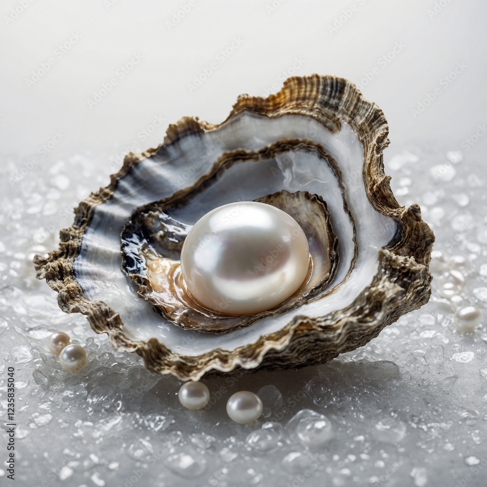 A dreamlike composition of an open oyster shell holding a gleaming pearl, set in soft lighting against a seamless white background. A dreamlike composition of an open oyster shell holding a gleaming pearl, set in soft lighting against a seamless white background.