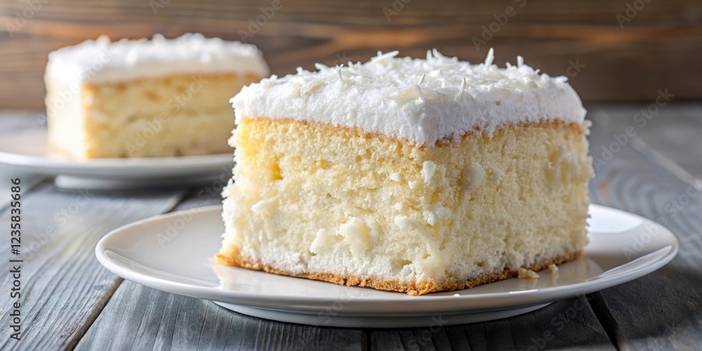 Moist coconut cake on a plate ,baked goods, baked goods, desserts Moist coconut cake on a plate ,baked goods, baked goods, desserts
