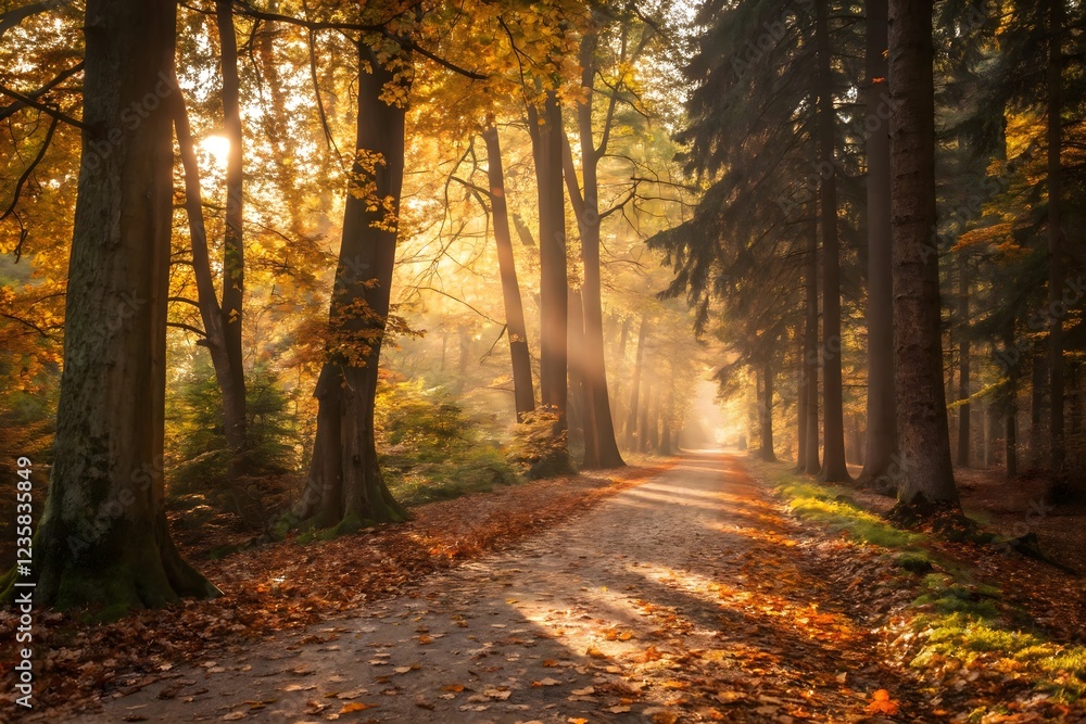 Fototapeta premium Golden Sunlight Streams Through Autumn Forest Path