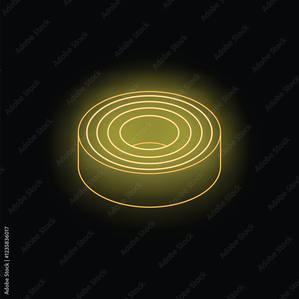Naklejka premium Yellow neon ring glowing on dark background, three dimensional object with circular shapes