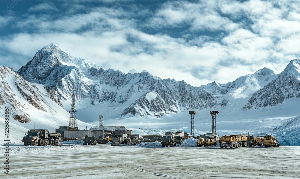 Fototapeta premium Arctic trucks parked near snowy mountains