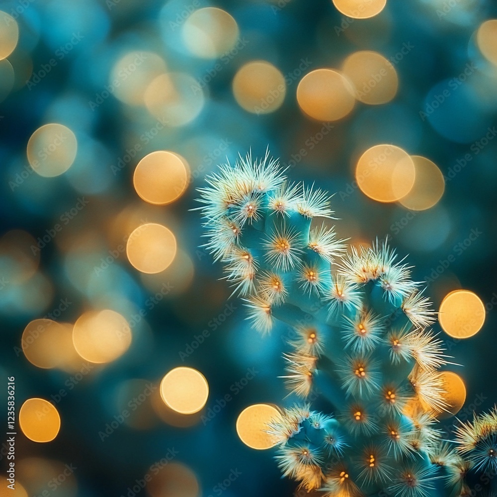 Obraz premium Close-up view of a cactus with vibrant yellow and blue bokeh background during evening light