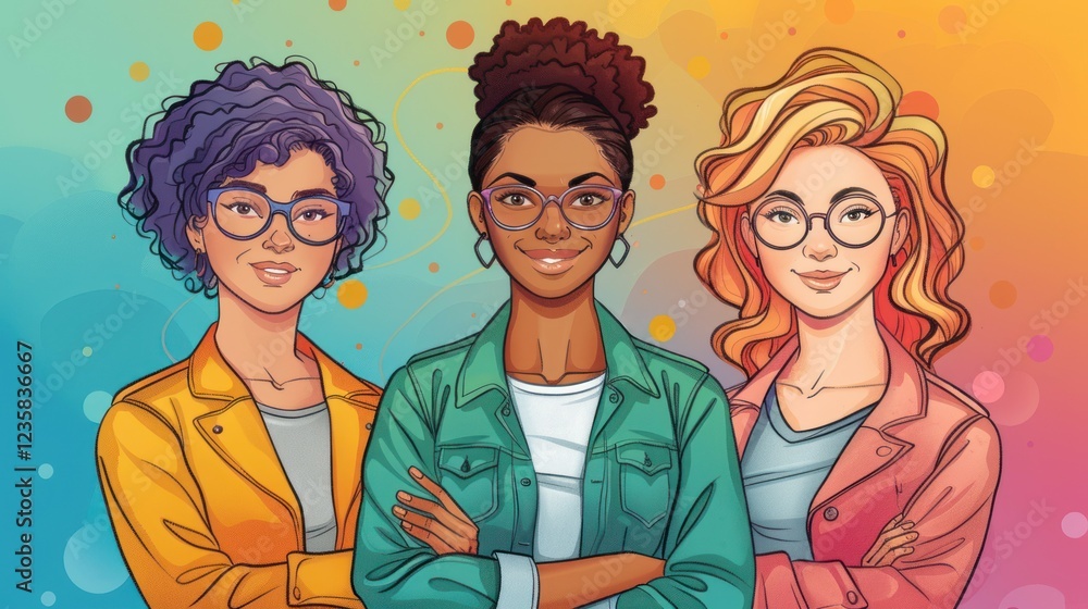 A drawing of three female cartoon characters of different races and with different hairstyles, each wearing glasses and a different colored jacket, standing next to smiling faces. A drawing of three female cartoon characters of different races and with different hairstyles, each wearing glasses and a different colored jacket, standing next to smiling faces.
