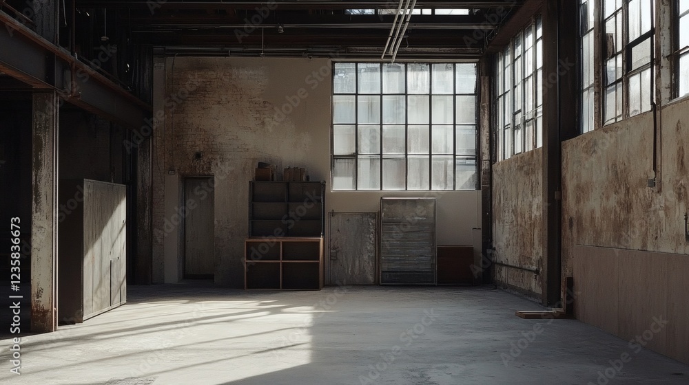 Sunlit Interior of a Rustic Industrial Warehouse Space Sunlit Interior of a Rustic Industrial Warehouse Space