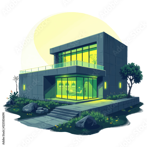 modern building in green tones with large wind windows