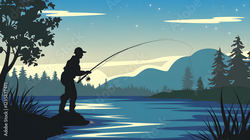 A stunning silhouette illustration of a person fishing by a tranquil lake at sunset, surrounded by lush trees and calm water, capturing a peaceful outdoor moment in nature. 