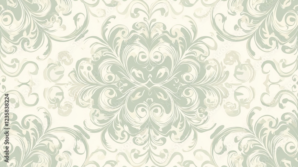 A beautiful decorative pattern features elaborate floral swirls in soft green and cream tones, ideal for creating a serene ambiance in home decor or textiles A beautiful decorative pattern features elaborate floral swirls in soft green and cream tones, ideal for creating a serene ambiance in home decor or textiles