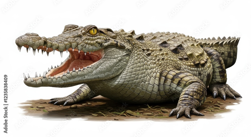 Realistic illustration of a crocodile on the ground, showcasing its fierce expression and detailed scales, surrounded by a natural habitat Realistic illustration of a crocodile on the ground, showcasing its fierce expression and detailed scales, surrounded by a natural habitat