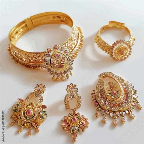 Intricately designed wedding gold jewelry in watercolor captures the essence of elegance and romance.
