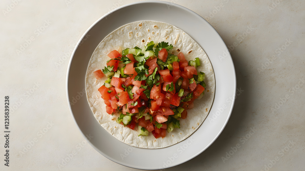 A flat tortilla topped with fresh diced tomatoes and chopped herbs, served on a white plate against a light background A flat tortilla topped with fresh diced tomatoes and chopped herbs, served on a white plate against a light background