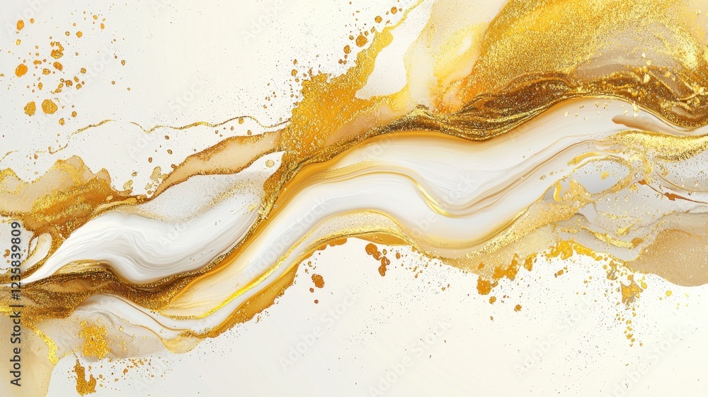 Fototapeta premium This artwork showcases a beautiful blend of gold and white waves flowing harmoniously across a light backdrop