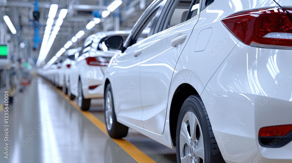 A modern automotive assembly line showcasing a row of sleek, white cars under bright industrial lighting. A modern automotive assembly line showcasing a row of sleek, white cars under bright industrial lighting.