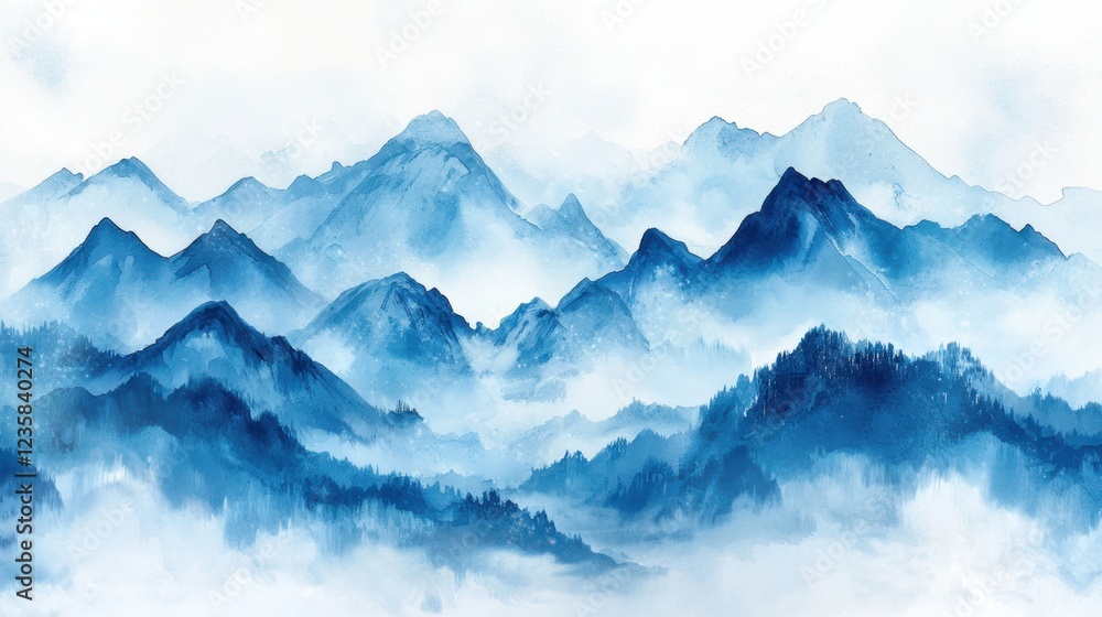 In a tranquil setting, soft blue tones depict a mountain range shrouded in mist, revealing layers of peaks and valleys at dawn. The atmosphere feels calm and refreshing In a tranquil setting, soft blue tones depict a mountain range shrouded in mist, revealing layers of peaks and valleys at dawn. The atmosphere feels calm and refreshing