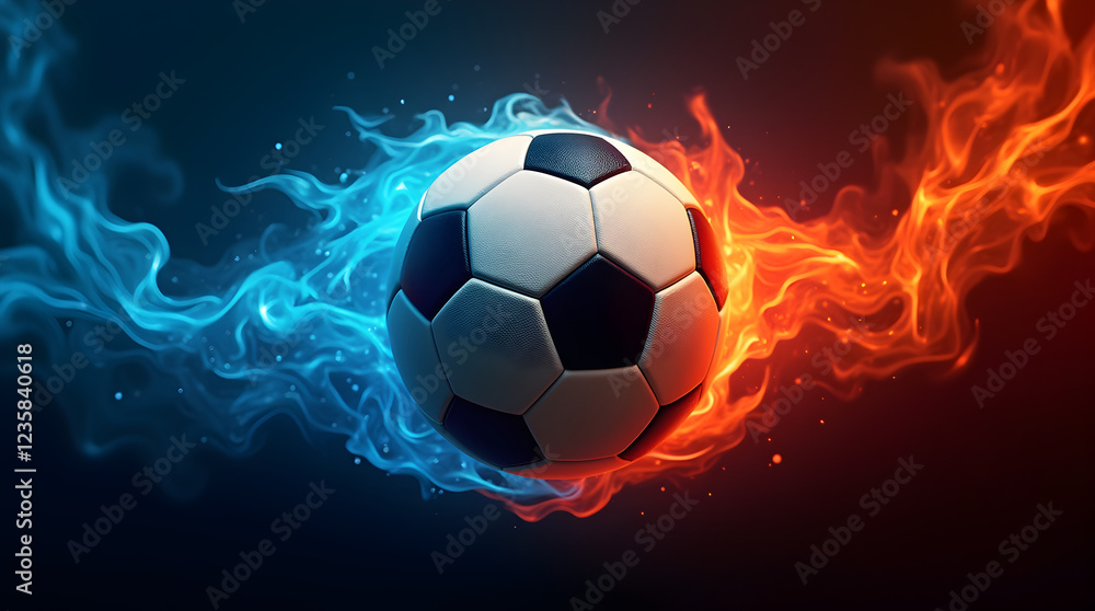 Obraz premium Fiery Football: Blue and Red Flames Engulf Soccer Ball, Dynamic Sports Graphic, Abstract Art, Competition Image