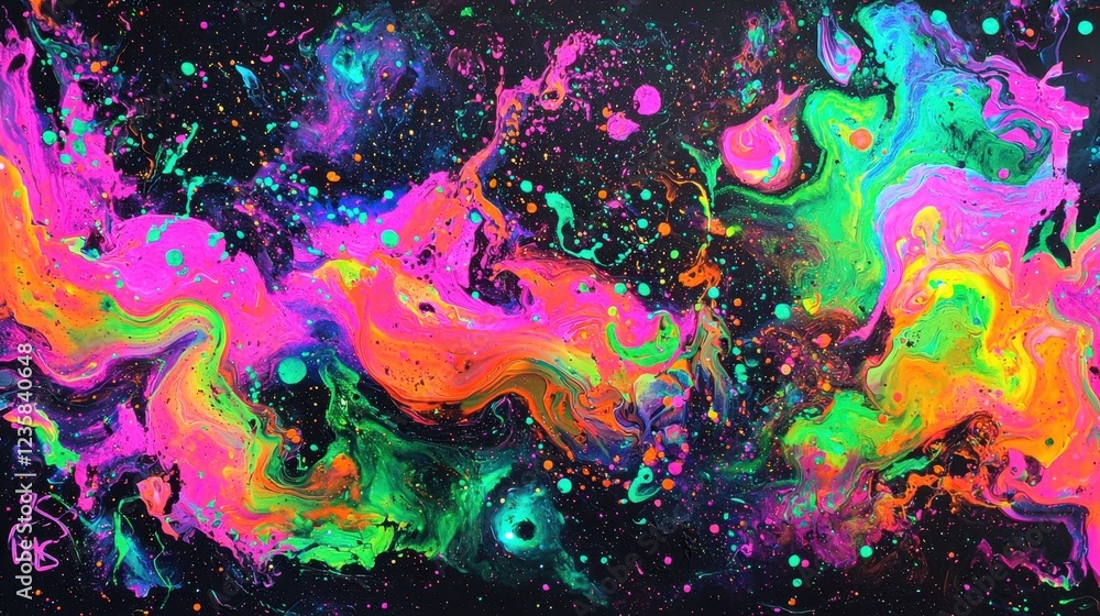 Fototapeta premium Bright colors of pink, green, and orange swirl across a dark canvas, creating a lively abstract artwork. The vibrant patterns resemble cosmic gas clouds, inviting viewers to explore
