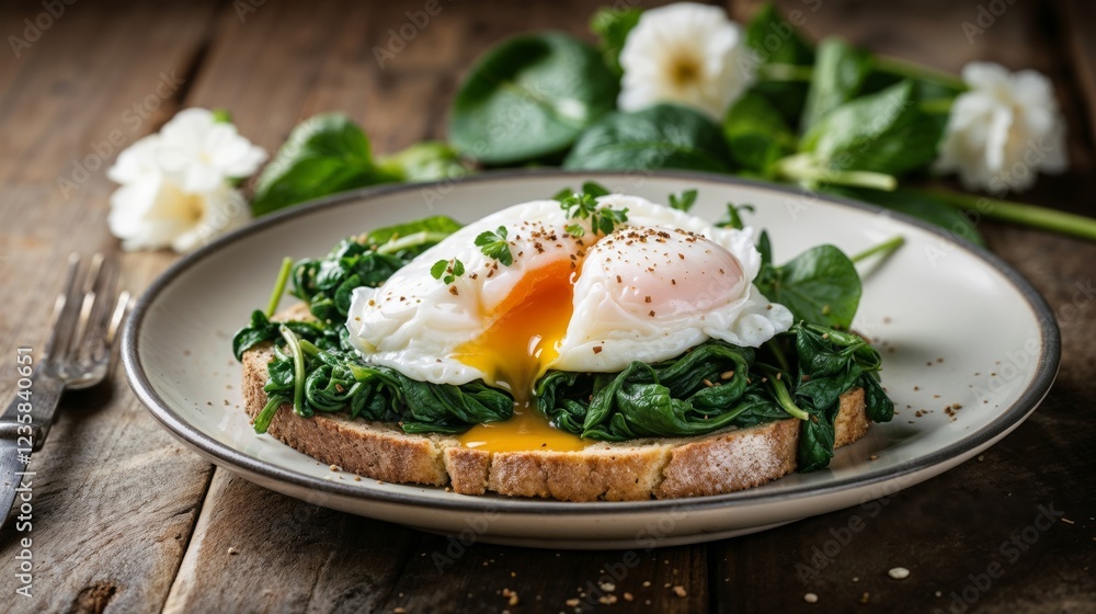 Toast with spinach and two poached eggs, one with a slightly runny yolk, garnished with black pepper and fresh greenery, on a wooden table, healthy meal, breakfast treat. Toast with spinach and two poached eggs, one with a slightly runny yolk, garnished with black pepper and fresh greenery, on a wooden table, healthy meal, breakfast treat.