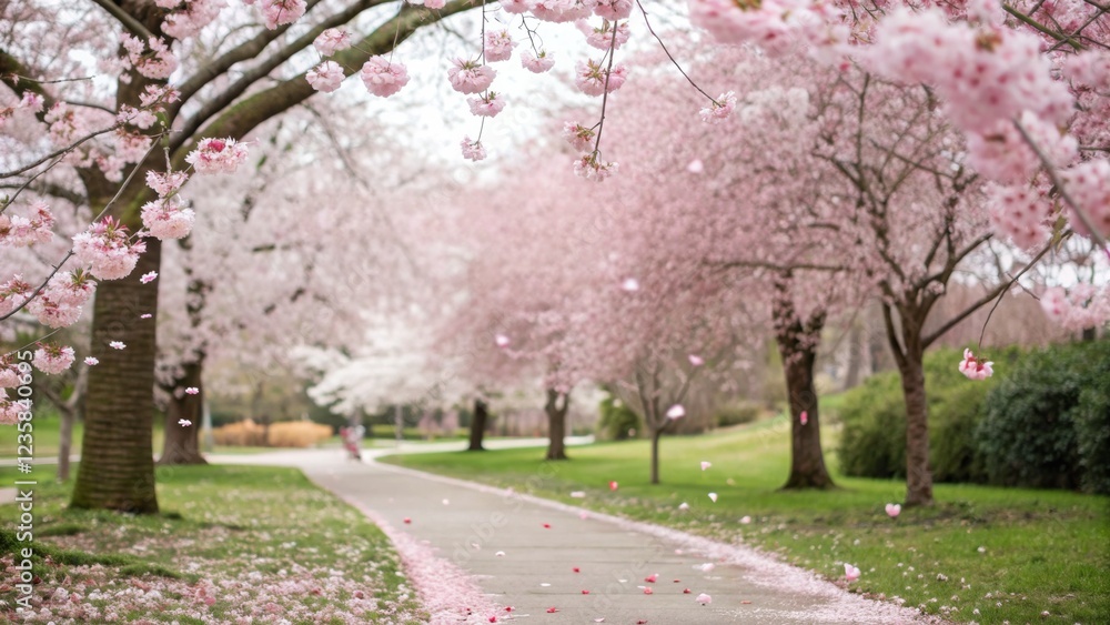 A scenic park pathway lined with cherry blossom trees with pink flowers falling on a beautiful spring day creating a romantic and peaceful atmosphere
A scenic park pathway lined with cherry blossom trees with pink flowers falling on a beautiful spring day creating a romantic and peaceful atmosphere