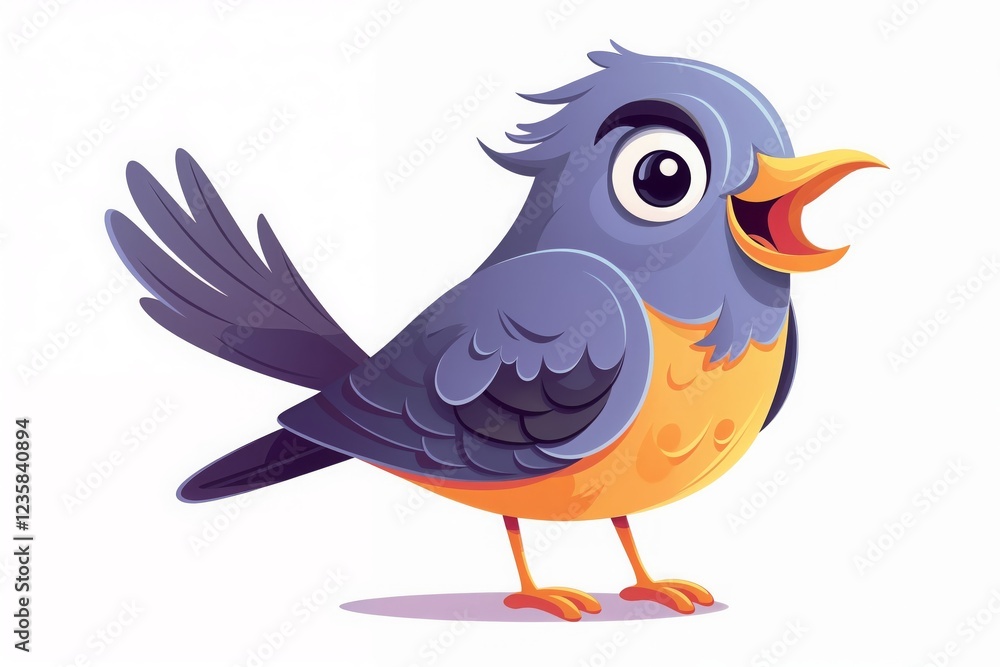Obraz premium Cartoon bird with blue feathers on its head and wings, orange chest, looking cheerful, singing or chirping in a lively and colorful manner.