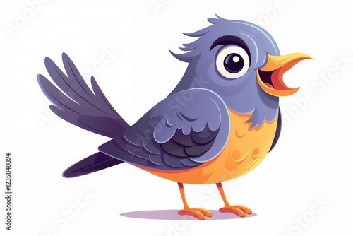 Cartoon bird with blue feathers on its head and wings, orange chest, looking cheerful, singing or chirping in a lively and colorful manner. photo