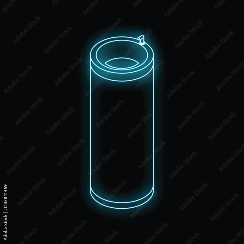 Fototapeta premium Blue neon sign showing reusable metallic water bottle on black background