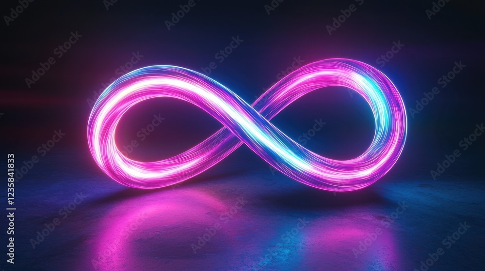 A vibrant infinity symbol glows with pink and blue hues, illuminating a dark background. The flowing lights create a dynamic visual, suggesting endless possibilities and creativity A vibrant infinity symbol glows with pink and blue hues, illuminating a dark background. The flowing lights create a dynamic visual, suggesting endless possibilities and creativity