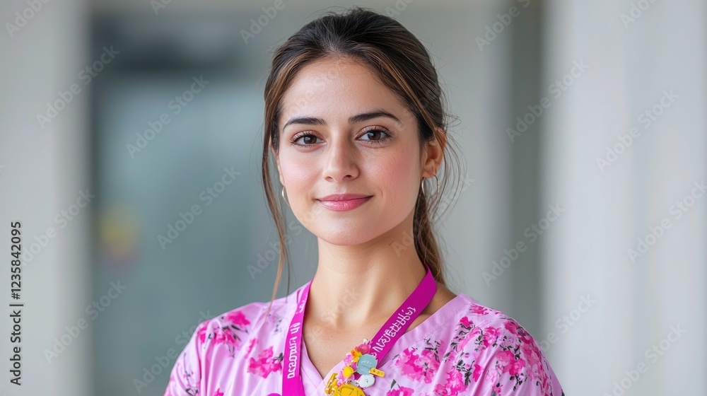 Confident woman, pink dress, office background, portrait Confident woman, pink dress, office background, portrait
