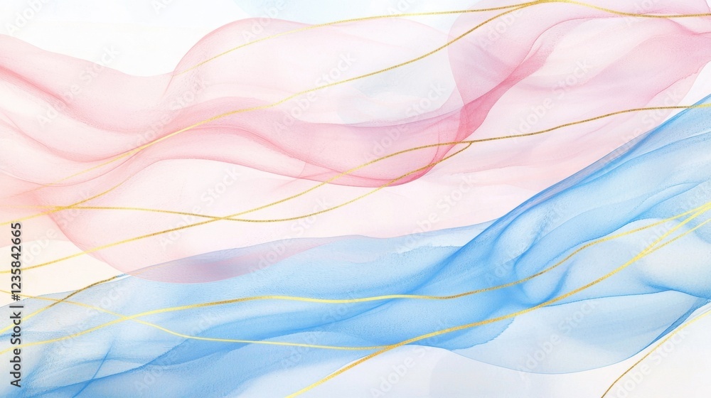 Flowing fabric in soft pink and blue hues intertwines gracefully, creating a stunning and artistic wave pattern against a light background Flowing fabric in soft pink and blue hues intertwines gracefully, creating a stunning and artistic wave pattern against a light background