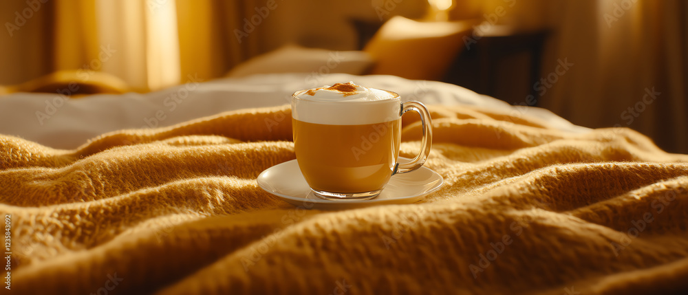 A cozy scene featuring a latte on a soft blanket, perfect for capturing warmth and comfort at home. A cozy scene featuring a latte on a soft blanket, perfect for capturing warmth and comfort at home.