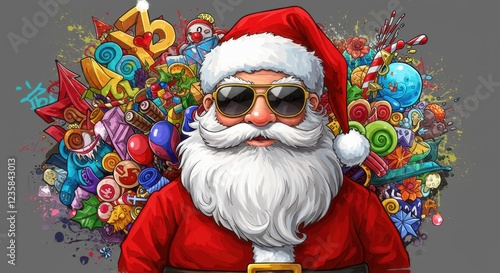 Santa Claus in Sunglasses Surrounded by Colorful Holiday Decorations and Gifts