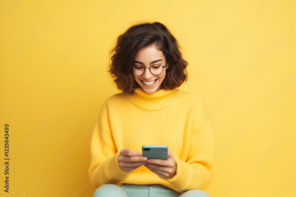 happy girl with smartphone in yellow sweater pants sitting on armchair happy girl with smartphone in yellow sweater pants sitting on armchair