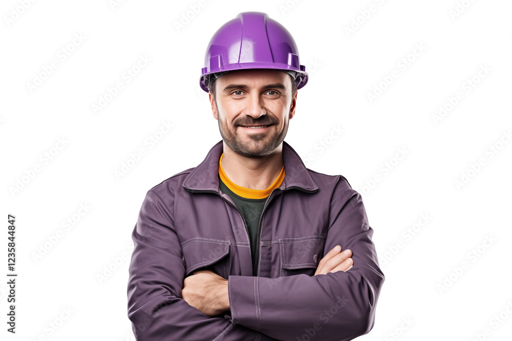 smiling man worker in purple helmet isolated on white smiling man worker in purple helmet isolated on white