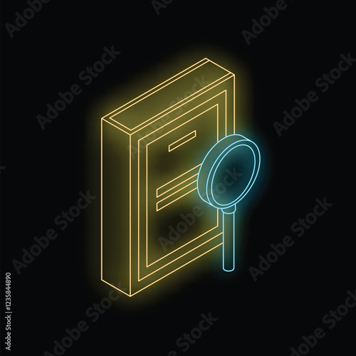 Neon magnifying glass is hovering near a file cabinet, representing the concept of due diligence