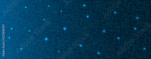 Blue circuit electronic or electrical line with circle engineering technology concept vector background