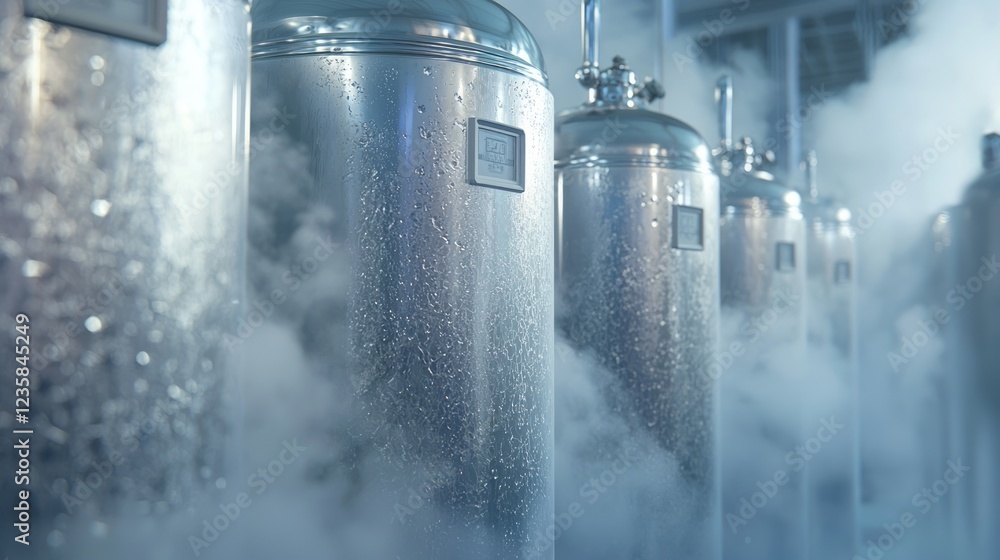 Row of Dewars Containing Liquid Nitrogen in Frosty Atmosphere