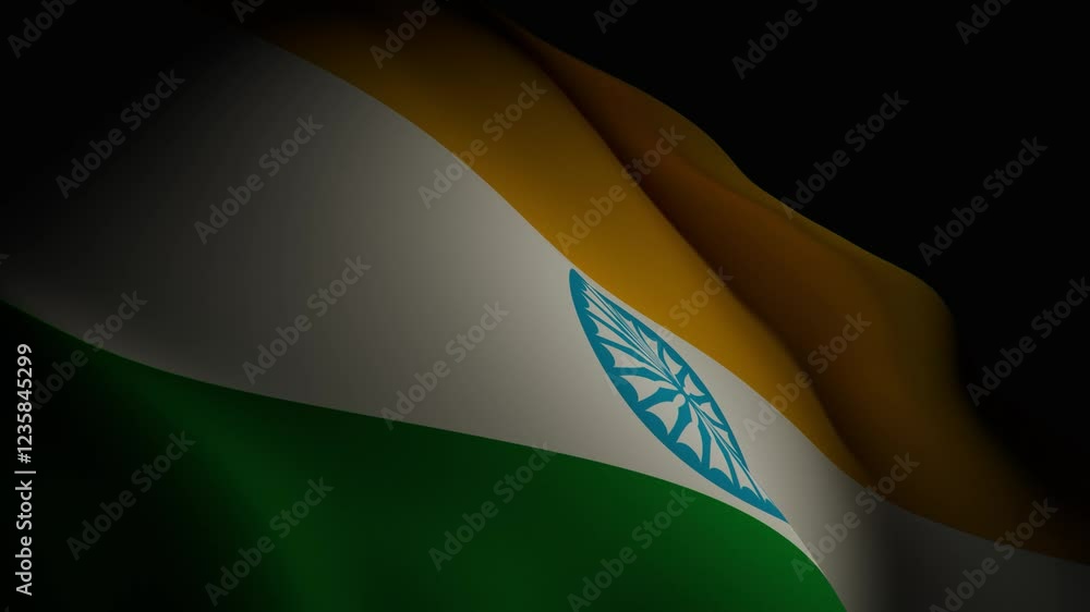 A high-quality 3D animation of the Indian flag waving dynamically under dramatic spotlight illumination, showcasing vibrant tricolor details and smooth fabric motion