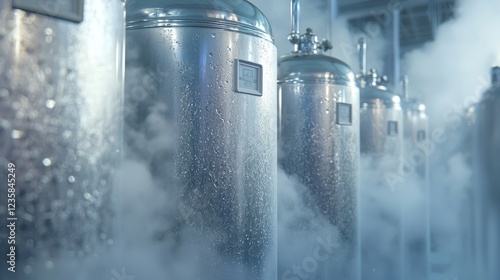 Obraz na płótnie Row of Dewars Containing Liquid Nitrogen in Frosty Atmosphere w salonie