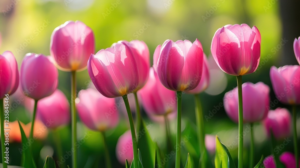 Fototapeta premium Pink Tulips in a Garden: A Breathtaking Springtime Scene