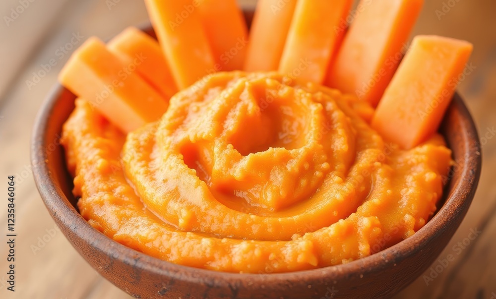 Vibrant orange carrot puree and sticks Vibrant orange carrot puree and sticks