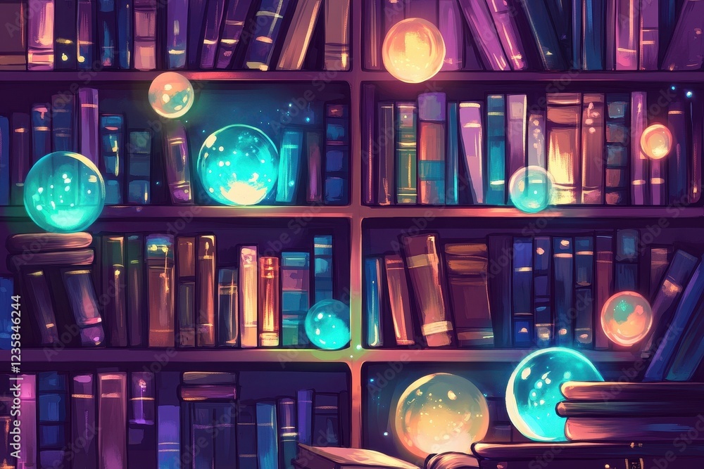 Enchanting Bookcase With Glowing Orbs And Ancient Books Enchanting Bookcase With Glowing Orbs And Ancient Books