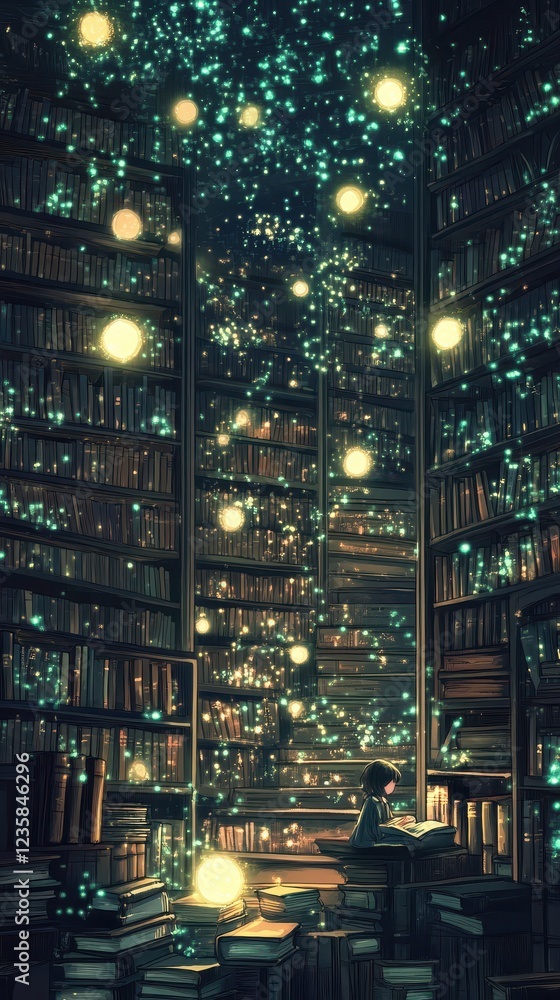 Girl Reading In A Magical Enchanting Library Filled With Books Girl Reading In A Magical Enchanting Library Filled With Books
