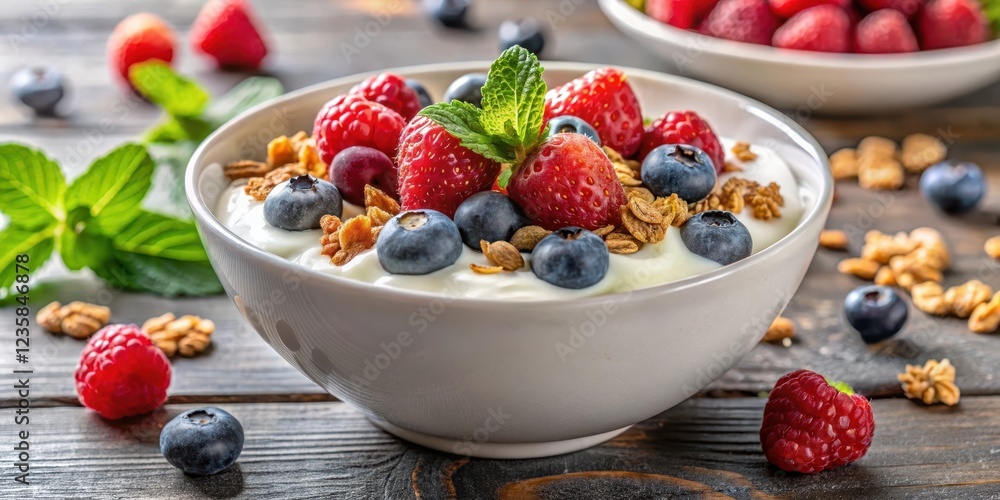 A close-up shot of a bowl filled with creamy white yogurt and topped with a sprinkle of granola and fresh berries, yogurt, snack A close-up shot of a bowl filled with creamy white yogurt and topped with a sprinkle of granola and fresh berries, yogurt, snack