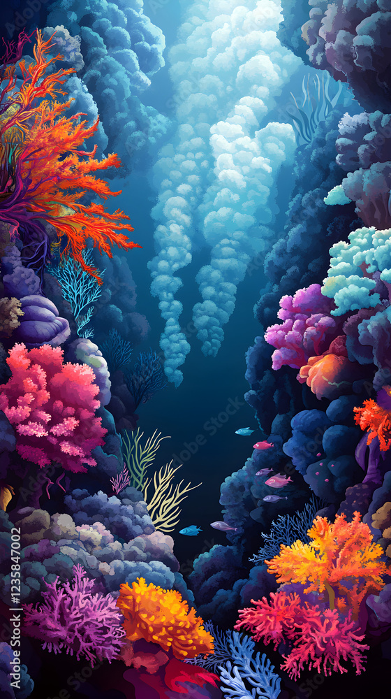Fototapeta premium Vibrant Coral Reef Exploration: Discover the Beauty of Underwater Ocean Ecosystems, Colorful Sea Life, and Diverse Marine Habitats with Stunning Graphics and Serenity in Nature's Landscape