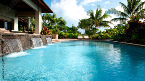 Wallpaper Mural A serene pool scene surrounded by lush greenery and palm trees under a bright blue sky, creating a perfect tropical oasis. Torontodigital.ca
