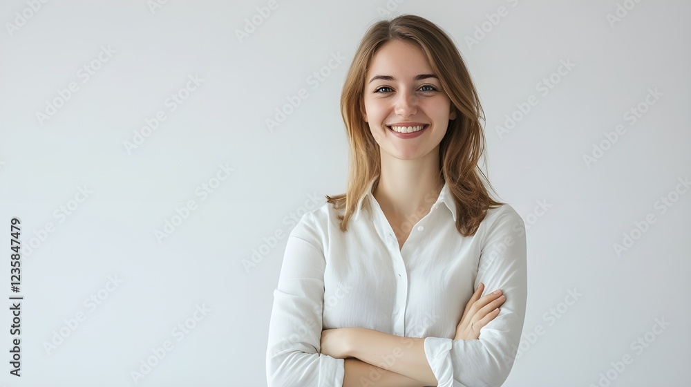 Confident Young Businesswoman in a White Shirt Smiling at the Camera – Professional Portrait of a Friendly Entrepreneur with a Positive Expression, Ideal for Corporate, Business, and Success Themes Confident Young Businesswoman in a White Shirt Smiling at the Camera – Professional Portrait of a Friendly Entrepreneur with a Positive Expression, Ideal for Corporate, Business, and Success Themes
