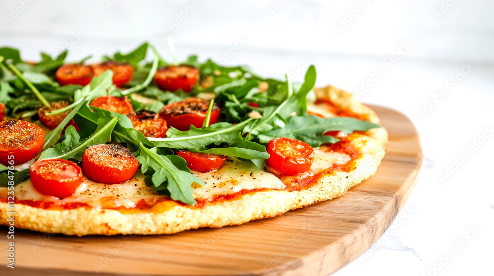 A fresh pizza topped with cherry tomatoes and arugula, presented on a wooden board against a light background. A fresh pizza topped with cherry tomatoes and arugula, presented on a wooden board against a light background.