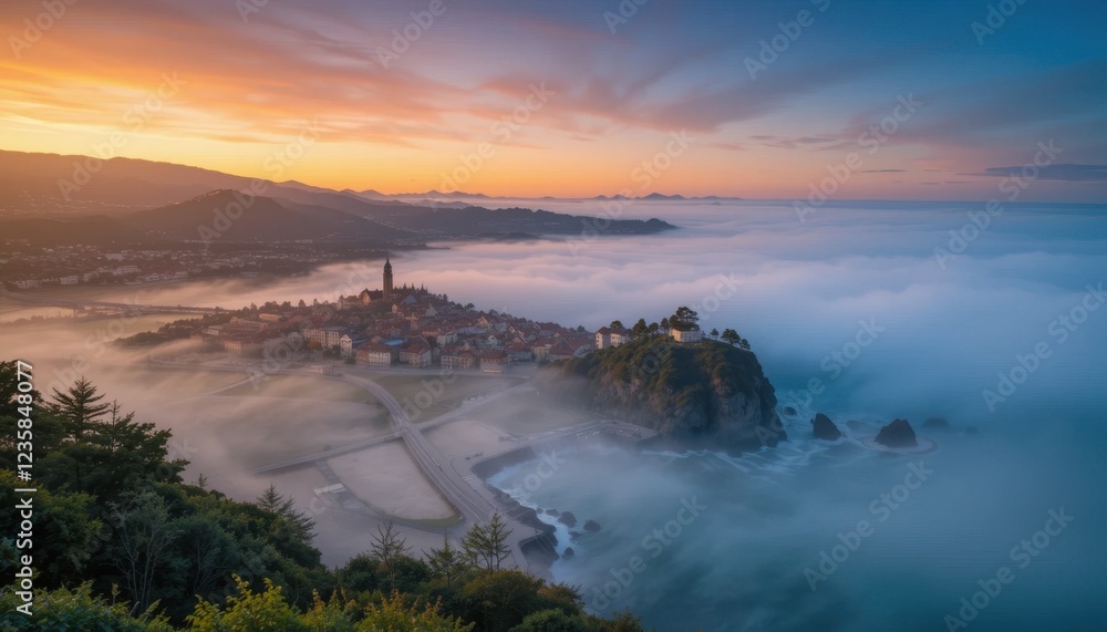 Fototapeta premium Evening fog rolling into a coastal town